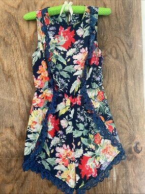 Altar'd State Navy Floral Crochet-Trim Romper